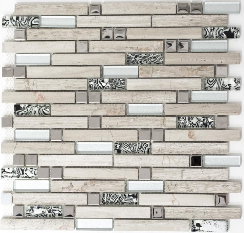 Piastrella di mosaico traslucida acciaio inox bianco legno composito mosaico di vetro Pietra di cristallo acciaio legno bianco MOS86-0108_f
