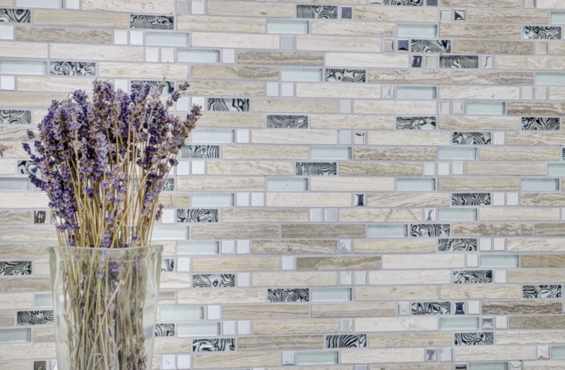 Piastrella di mosaico traslucida acciaio inox bianco legno composito mosaico di vetro Pietra di cristallo acciaio legno bianco MOS86-0108_f