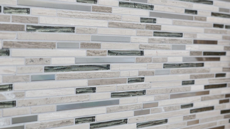 Piastrella di mosaico traslucida acciaio inox bianco legno composito mosaico di vetro Pietra di cristallo acciaio legno bianco MOS86-SV85_f