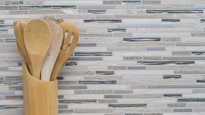 Piastrella di mosaico traslucida acciaio inox bianco legno composito mosaico di vetro Pietra di cristallo acciaio legno bianco MOS86-SV85_f