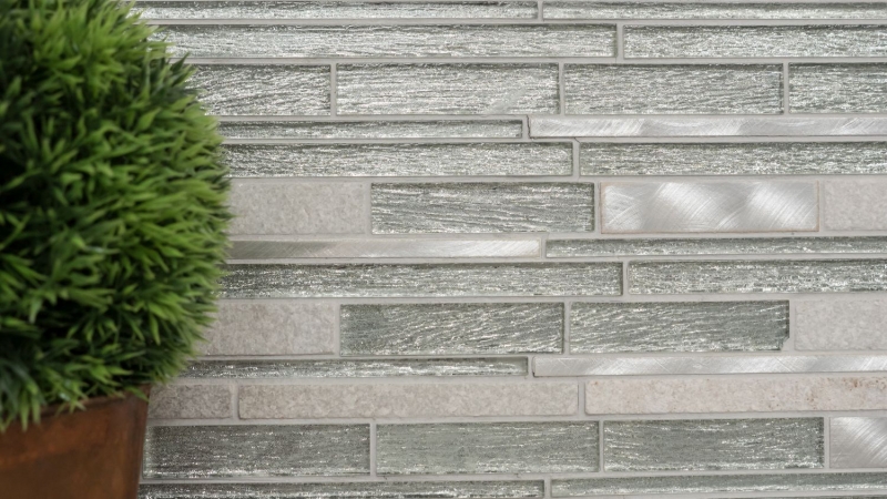 Mosaico di piastrelle per cucina alluminio traslucido bianco argento nero mosaico di vetro composito Pietra di cristallo alluminio bianco argento MOS49-GV64_f