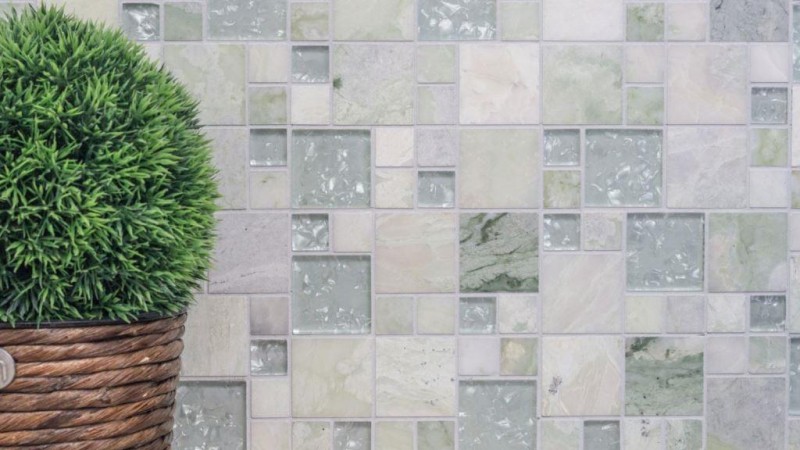 Piastrella di mosaico Mosaico di vetro traslucido oro verde chiaro combinato Pietra di cristallo Onice oro MOS88-MC639_f
