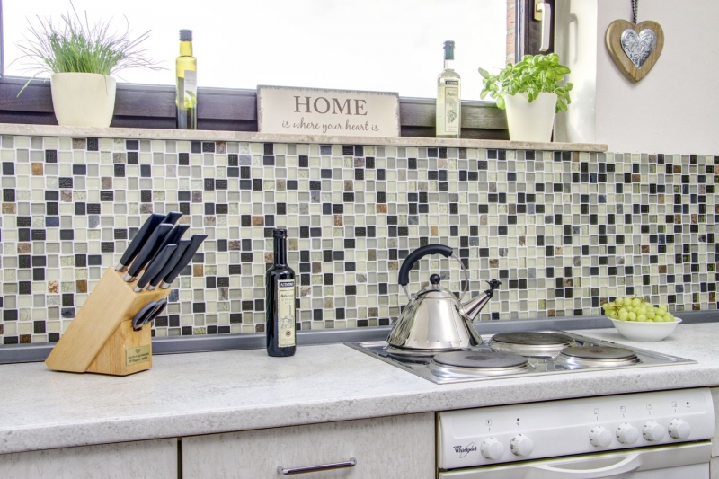 Mosaico di piastrelle per cucina traslucido bianco grigio ruggine rettangolo vetro mosaico Pietra di cristallo rustico MOS82-0102_f