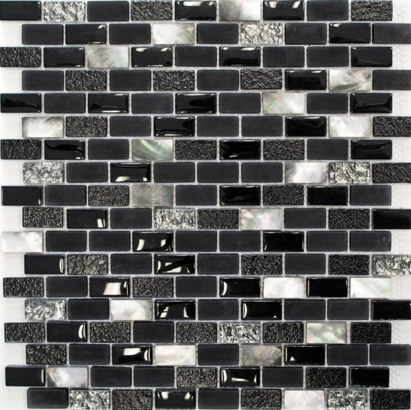 Piastrella mosaico cucina alzatina traslucida nero mattone vetro mosaico cristallo pietra conchiglia nero MOS87-B03S_f