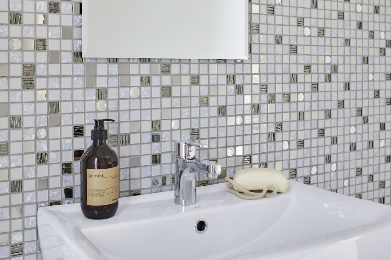 Piastrelle di mosaico per cucina autoadesive acciaio inox vetro bianco mosaico acciaio vetro bianco MOS200-4CM24_f