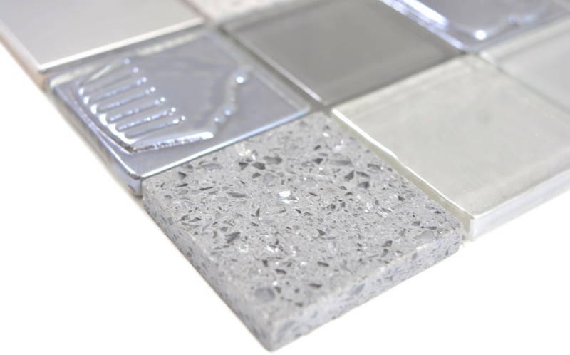 Quadrato cristallo/artificiale/pietra/acciaio mix rilievo grigio mosaico piastrelle parete backsplash cucina bagno MOS88-0217_f