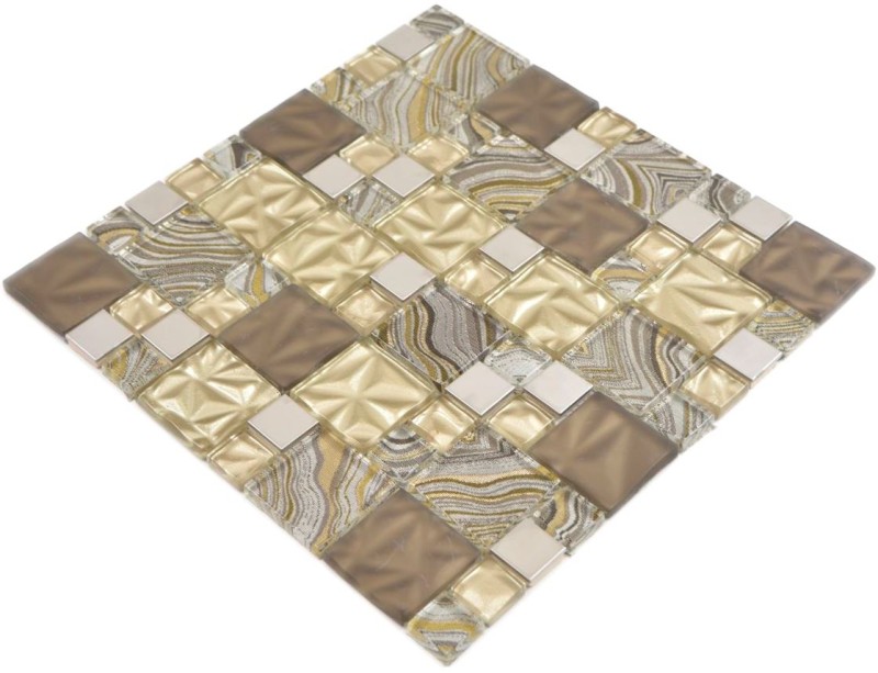 Mosaico di vetro combinazione acciaio mix beige marrone mosaico piastrelle parete backsplash cucina bagno MOS88-1207_f