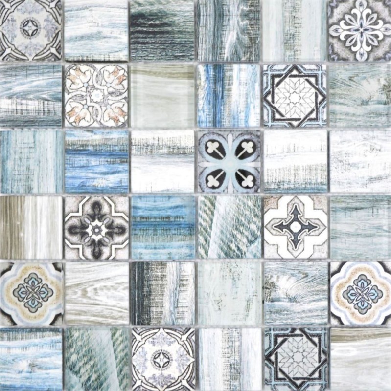 Mosaico di vetro mix azzurro piastrelle mosaico muro backsplash cucina legno look bagno MOS160-w300_f