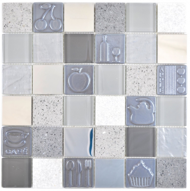 Mano modello quadrato cristallo / artificiale / pietra / acciaio mix rilievo grigio mosaico piastrelle muro backsplash cucina bagno MOS88-0217_m