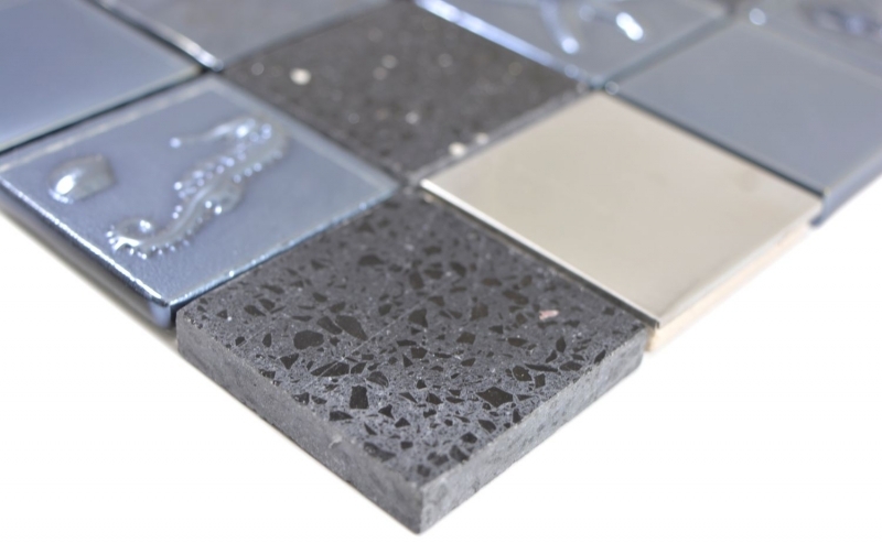 Mano modello quadrato cristallo / artificiale / acciaio mix rilievo nero mosaico piastrelle parete backsplash cucina bagno MOS88-2717_m