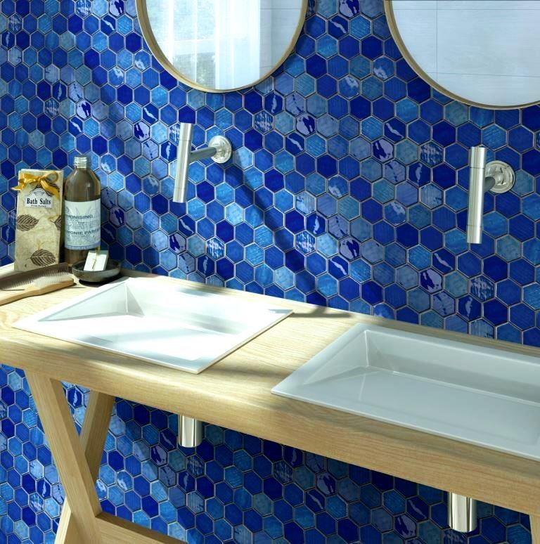 Mano modello mosaico piastrelle ceramica mosaico esagonale blu lucido cucina parete bagno MOS11K-SAN7_m