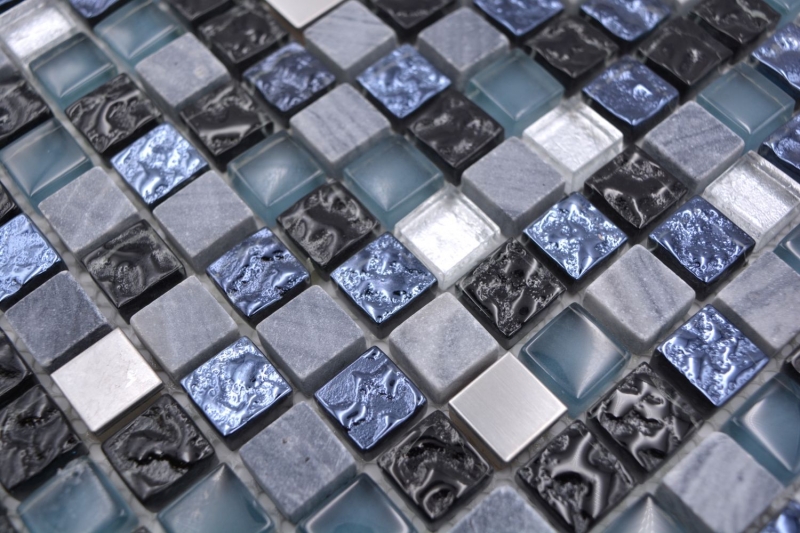 Piastrella mosaico vetro pietra naturale pietra acciaio mix blu cucina grigio parete bagno MOS92-670_f