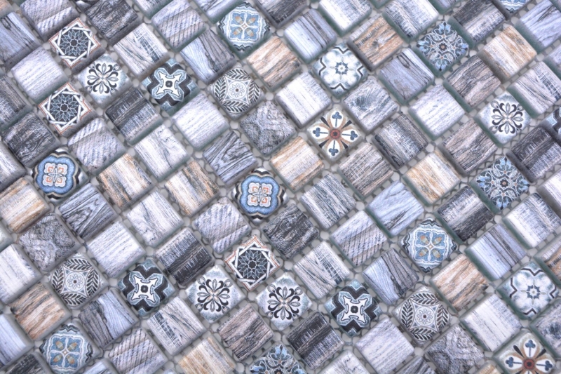 Piastrella di mosaico a mano campione mosaico di vetro combi legno retrò grigio blu scuro bagno cucina MOS78-W49_m