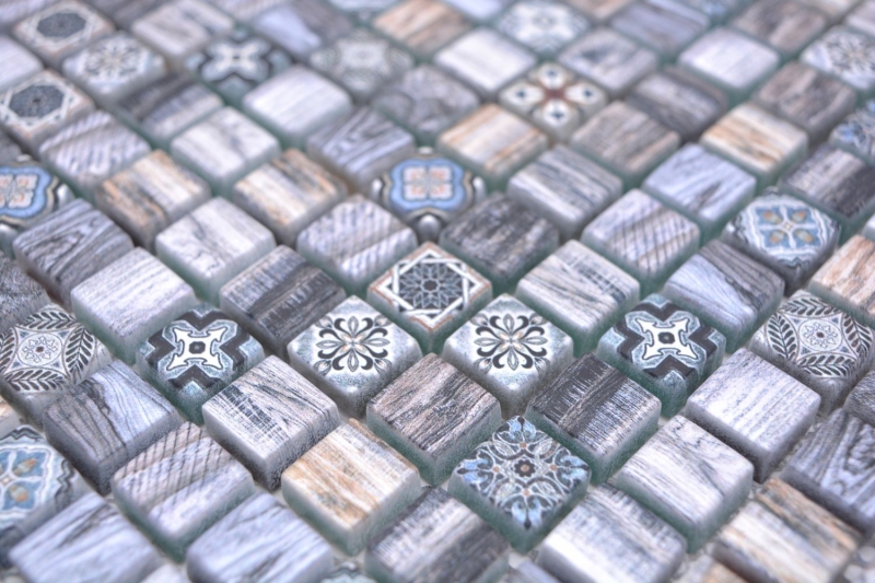 Piastrella di mosaico a mano campione mosaico di vetro combi legno retrò grigio blu scuro bagno cucina MOS78-W49_m