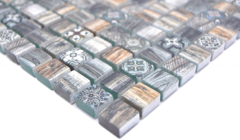 Piastrella di mosaico dipinta a mano mosaico di vetro combi legno retrò marrone scuro parete bagno cucina MOS78-W99_m