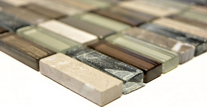 Tessere rettangolari di mosaico di vetro aste marrone chiaro grigio argento pietra naturale marmo backsplash parete cucina - MOS87-SM68_f | 10 tappetini di mosaico