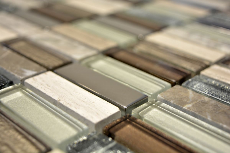 Tessere rettangolari di mosaico di vetro aste marrone chiaro grigio argento pietra naturale marmo backsplash parete cucina - MOS87-SM68_f | 10 tappetini di mosaico
