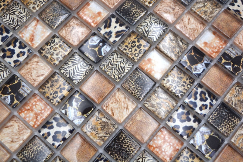 Piastrella di vetro a mosaico marrone lucido leopardato parete cucina bagno doccia MOS68-WL64