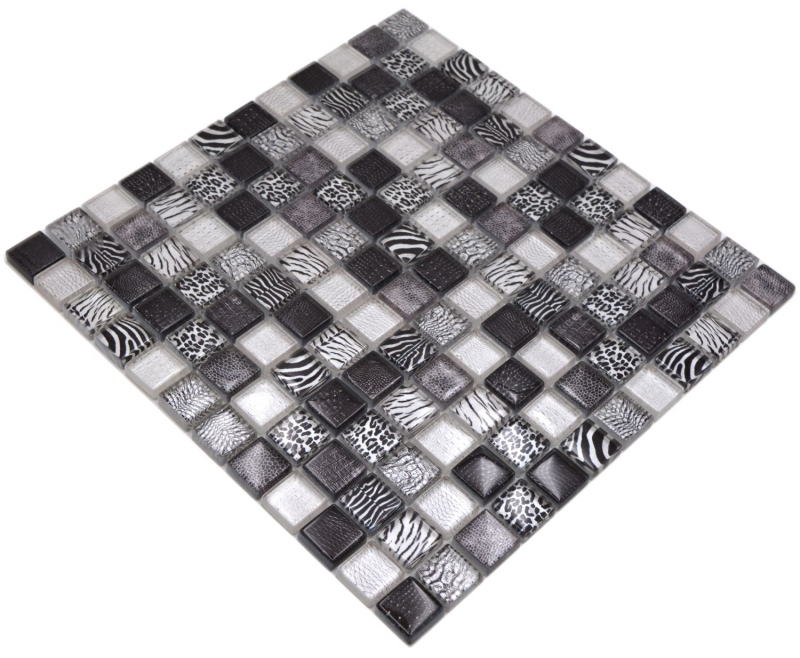 Piastrella di vetro a mosaico nero lucido zebra parete cucina bagno doccia MOS68-WL24_f