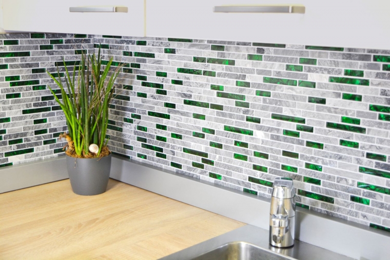 Mosaico di vetro in pietra naturale dipinto a mano grigio con parete verde lucida cucina bagno doccia - MOS87-0405_m