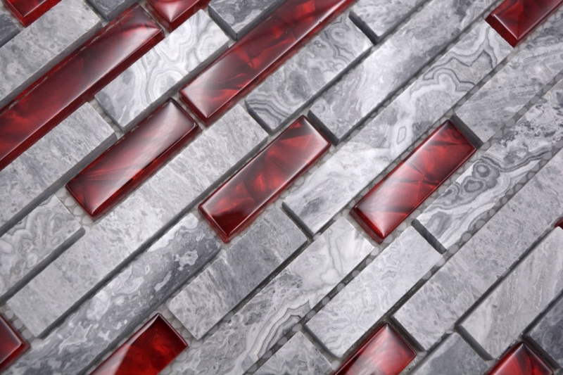 Mosaico di vetro in pietra naturale dipinto a mano grigio con parete rossa lucida cucina bagno doccia - MOS87-0409_m