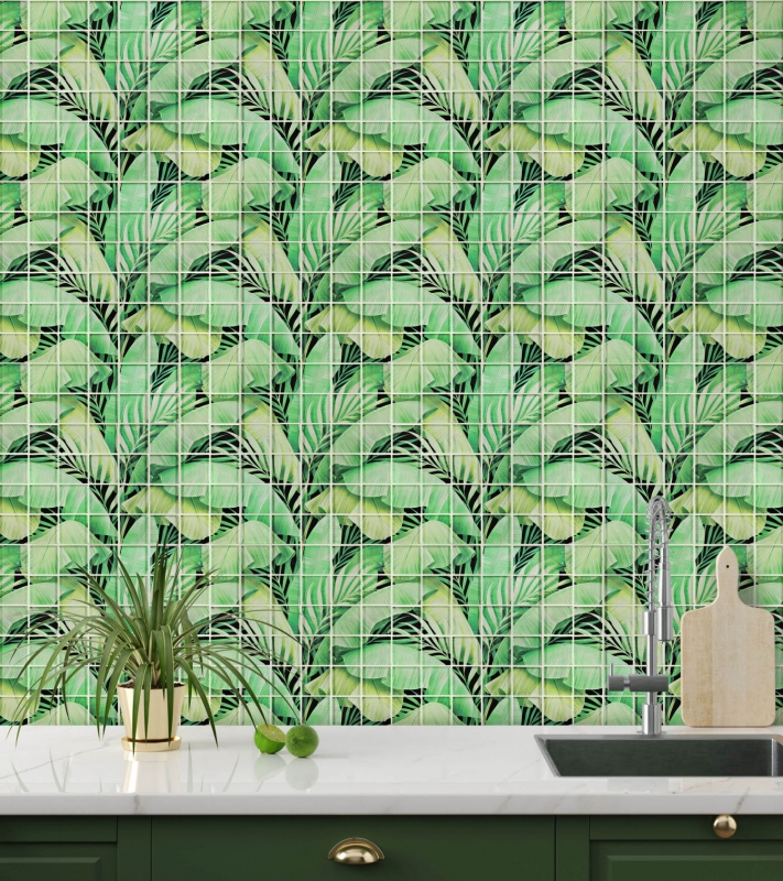 Piastrella in vetro mosaico foresta pluviale verde foglie look MOS88-Pic01