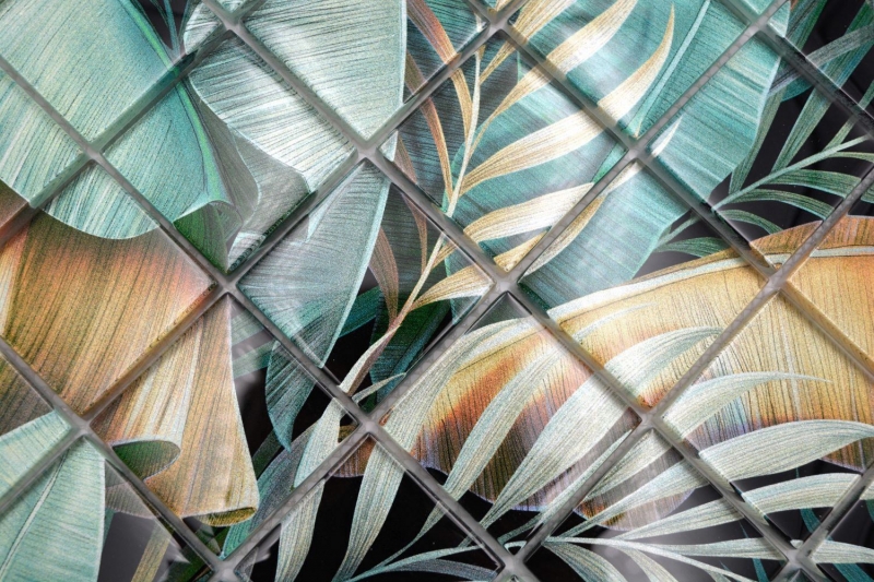 Piastrella di vetro a mosaico foresta pluviale verde ocra giallo foglie aspetto MOS88-Pic07