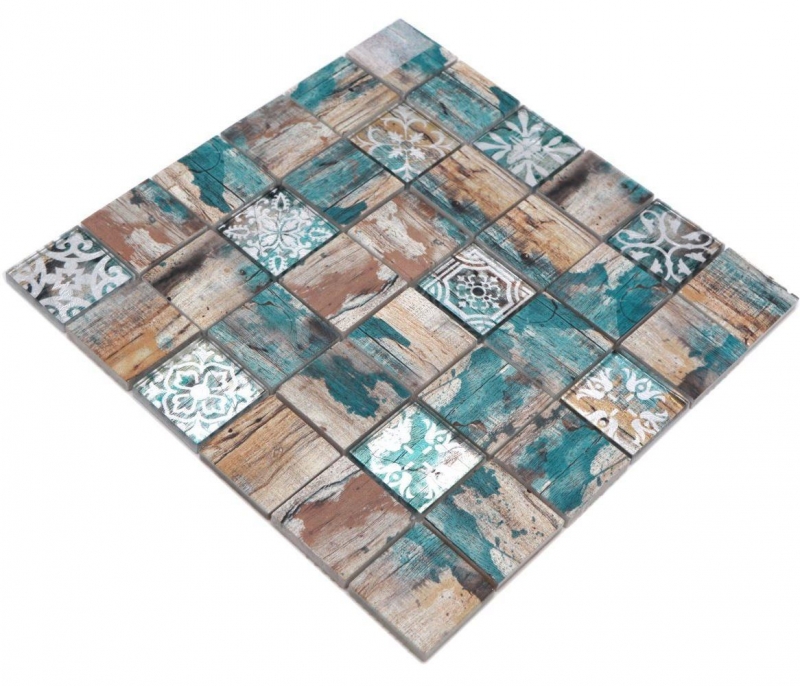 Piastrella di mosaico di vetro Medio Vintage Patchwork beige pertrol effetto legno ornamento MOS160-W800