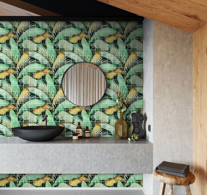 Piastrella di vetro mosaico mix verde marrone lucido aspetto floreale piastrella di mosaico cucina piastrella specchio bagno doccia parete MOS88-Pic07_f