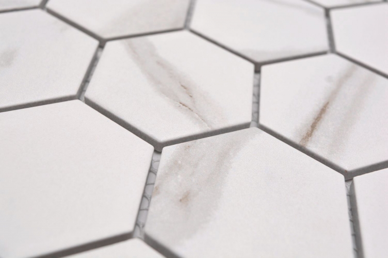 Mosaico in ceramica dipinta a mano esagono calacatta bianco grigio-marrone opaco MOS11G-0112_m
