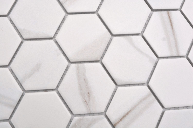 Mosaico in ceramica dipinta a mano esagono calacatta bianco grigio-marrone opaco MOS11G-0112_m