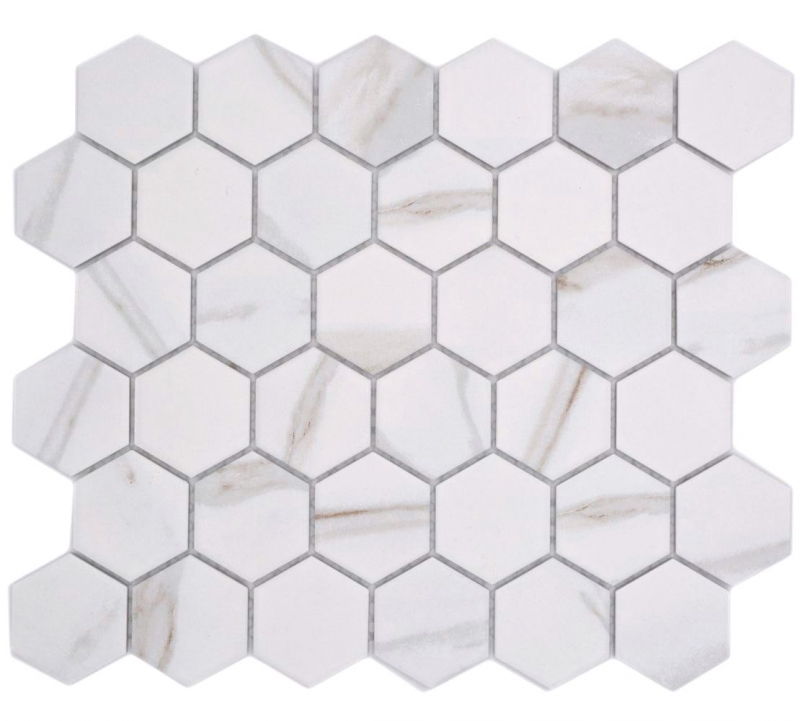 Mosaico in ceramica dipinta a mano esagono calacatta bianco grigio-marrone opaco MOS11G-0112_m