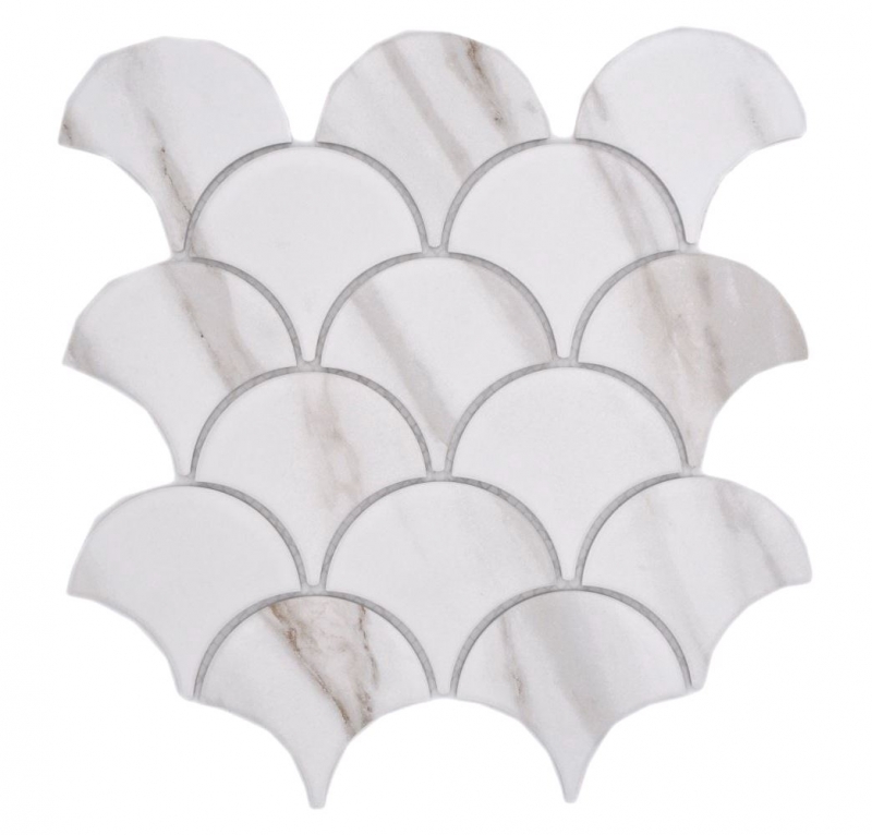 Ventaglio in mosaico di ceramica dipinto a mano Calacatta a squame di pesce bianco grigio-marrone opaco MOS13-FS112_m