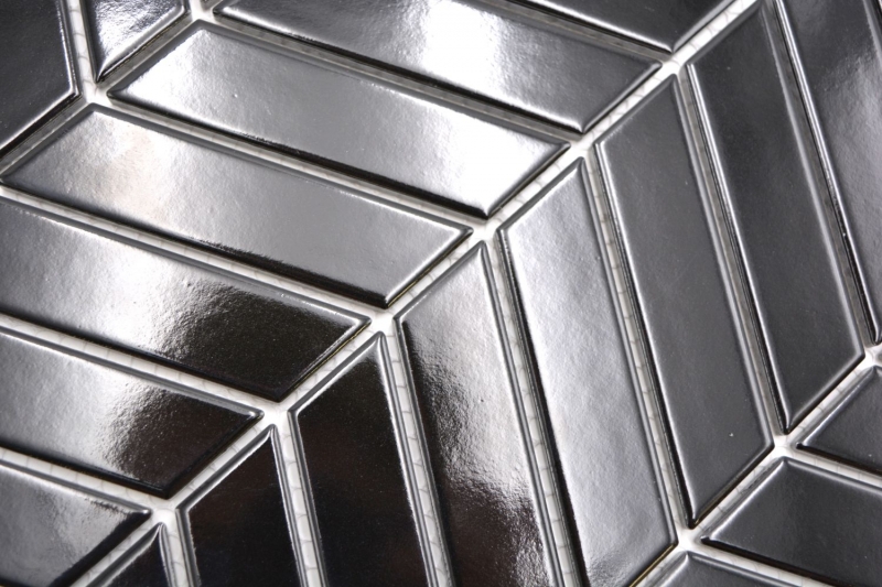 Mosaico ceramico dipinto a mano a spina di pesce uni nero lucido MOS24-EV39_m