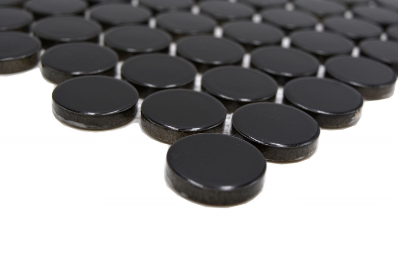Piastrella di ceramica a mosaico decorata a mano Button Loop Penny Round uni nero lucido MOS10-0300GR_m