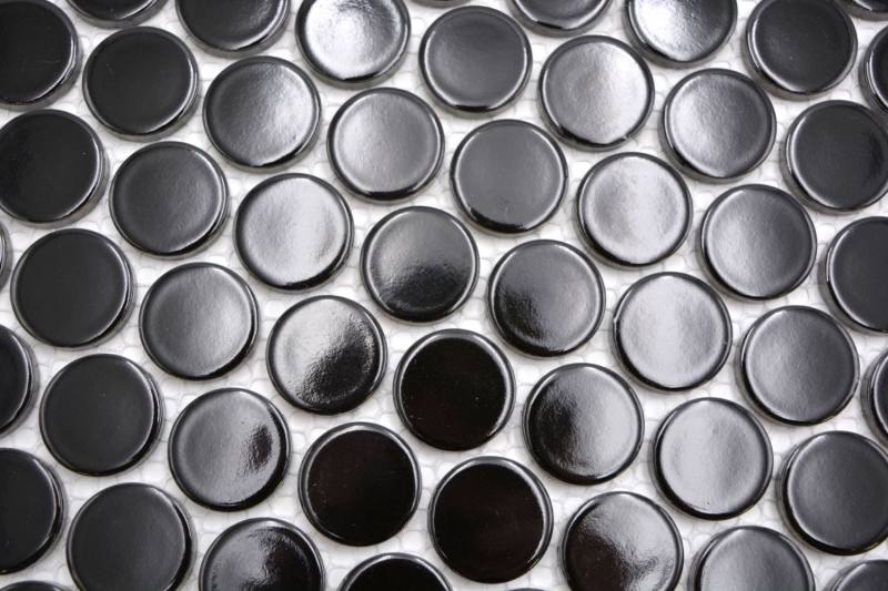 Piastrella di ceramica a mosaico decorata a mano Button Loop Penny Round uni nero lucido MOS10-0300GR_m