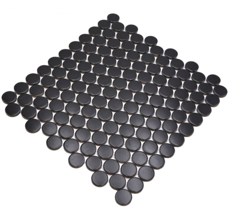 Piastrella di ceramica a mosaico decorata a mano Button Loop Penny Round tinta unita nero opaco MOS10-0311GR_m