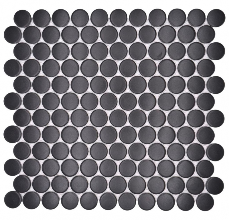 Piastrella di ceramica a mosaico decorata a mano Button Loop Penny Round tinta unita nero opaco MOS10-0311GR_m