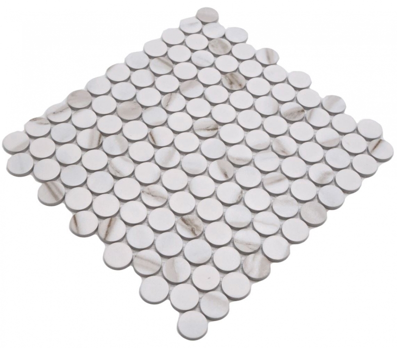 Piastrella di ceramica a mosaico decorata a mano Button Loop Penny Round Calacatta bianco grigio-marrone opaco MOS10-1112GR_m
