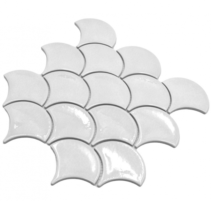 Piastrella di ceramica dipinta a mano a ventaglio a squame di pesce tinta unita bianco ghiaccio screpolato stile MOS13-FS1_m