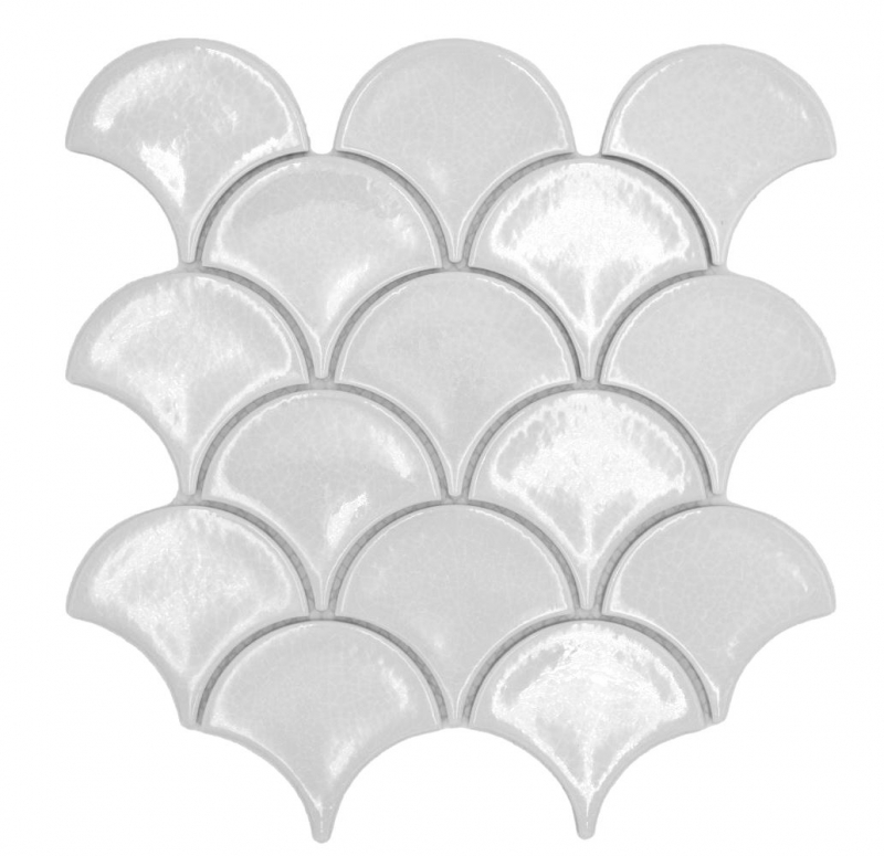 Piastrella di ceramica dipinta a mano a ventaglio a squame di pesce tinta unita bianco ghiaccio screpolato stile MOS13-FS1_m