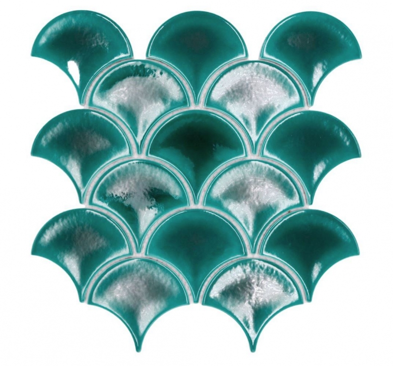 Piastrella di ceramica dipinta a mano a ventaglio a squame di pesce tinta unita verde scuro stile ghiaccio screpolato MOS13-FS5_m