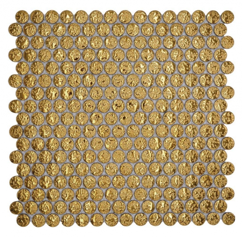 Piastrella di ceramica a mosaico decorata a mano Button Loop Penny Round uni oro martellato MOS10-0707_m