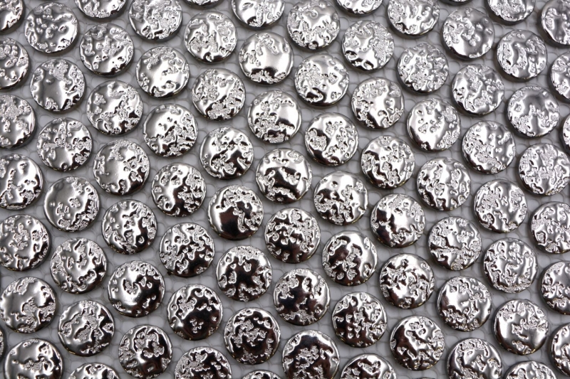 Piastrella di ceramica a mosaico decorata a mano Button Loop Penny Round uni argento martellato MOS10-0207_m