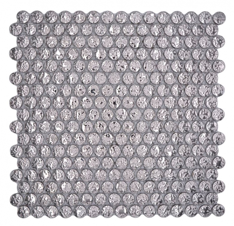 Piastrella di ceramica a mosaico decorata a mano Button Loop Penny Round uni argento martellato MOS10-0207_m