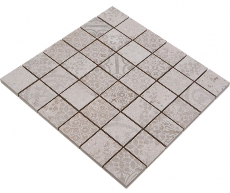 Mosaico ceramico dipinto a mano in gres porcellanato grigio chiaro fantasia beige MOS14-B1_m