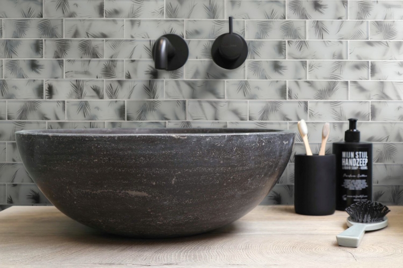 Piastrella di mosaico di vetro campione a mano composito bianco nero opaco aspetto foglia MOS88-FL25_m