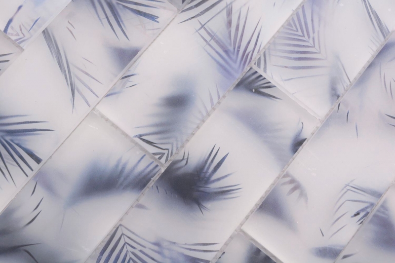 Mosaico in vetro dipinto a mano composito bianco blu opaco effetto foglia MOS88-FL34_m