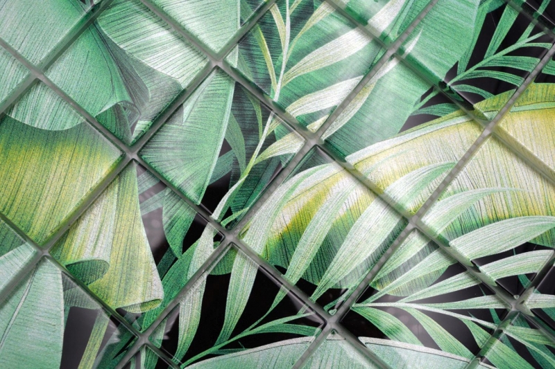 Tessera di mosaico in vetro dipinta a mano, aspetto foglie verdi della foresta pluviale MOS88-Pic01_m
