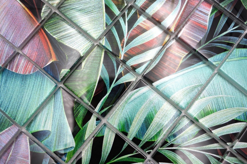 Tessera di mosaico in vetro dipinta a mano foresta pluviale verde foglie viola aspetto MOS88-Pic09_m